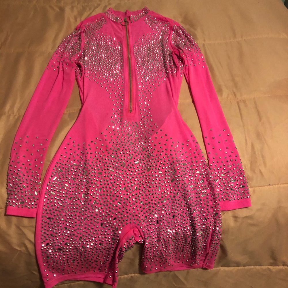 Pink long sleeve shiny diamond one piece jumpsuit